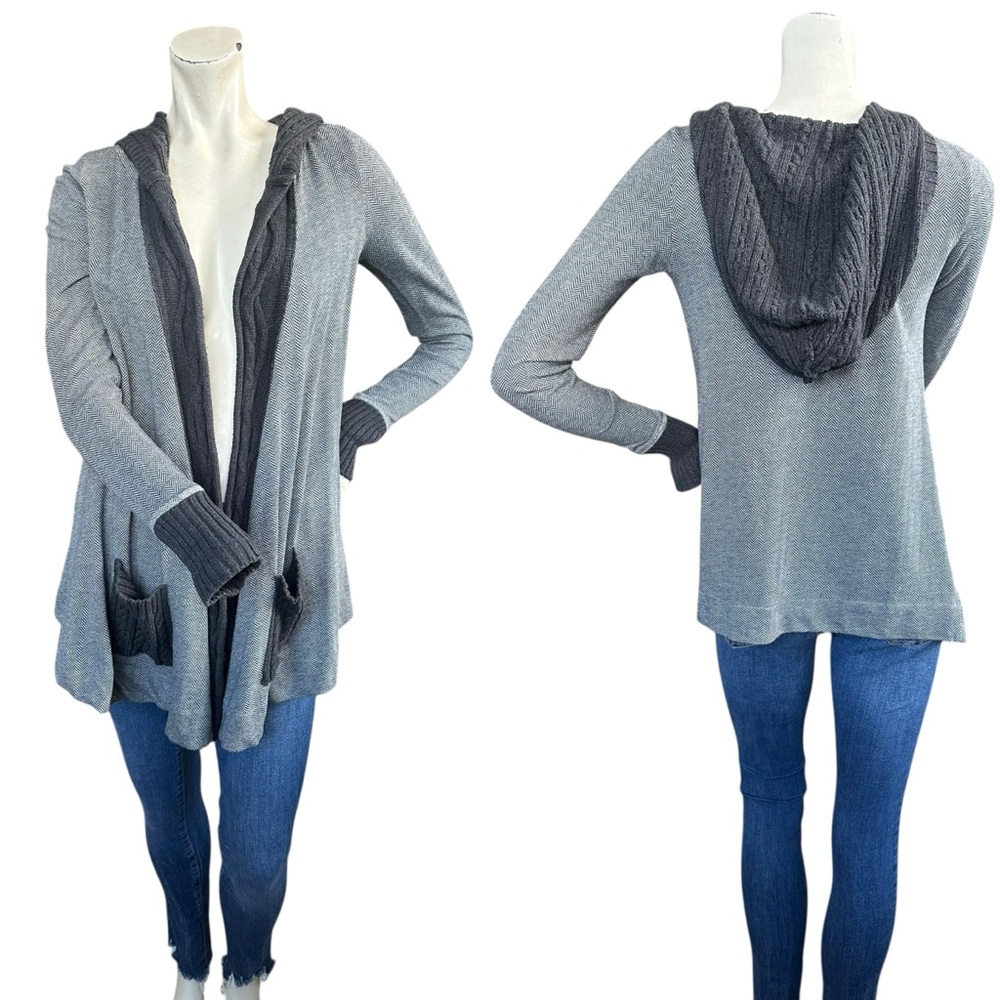 Anthropologie Vanessa Virginia Gray Chevron Cable Knit Trim Hooded Cardigan XS
